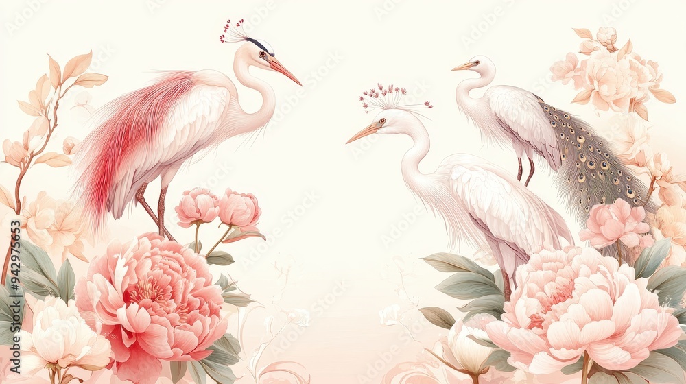 A painting of four birds with one of them being a peacock. The birds are surrounded by pink flowers and leaves A painting of four birds with one of them being a peacock. The birds are surrounded by pink flowers and leaves