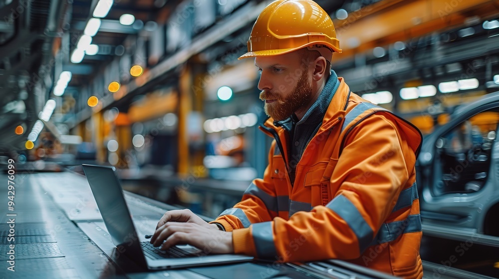 A dedicated engineer in a bright orange hard hat is intensely focused on his laptop in an industrial setting, demonstrating the integration of technology and engineering expertise. A dedicated engineer in a bright orange hard hat is intensely focused on his laptop in an industrial setting, demonstrating the integration of technology and engineering expertise.