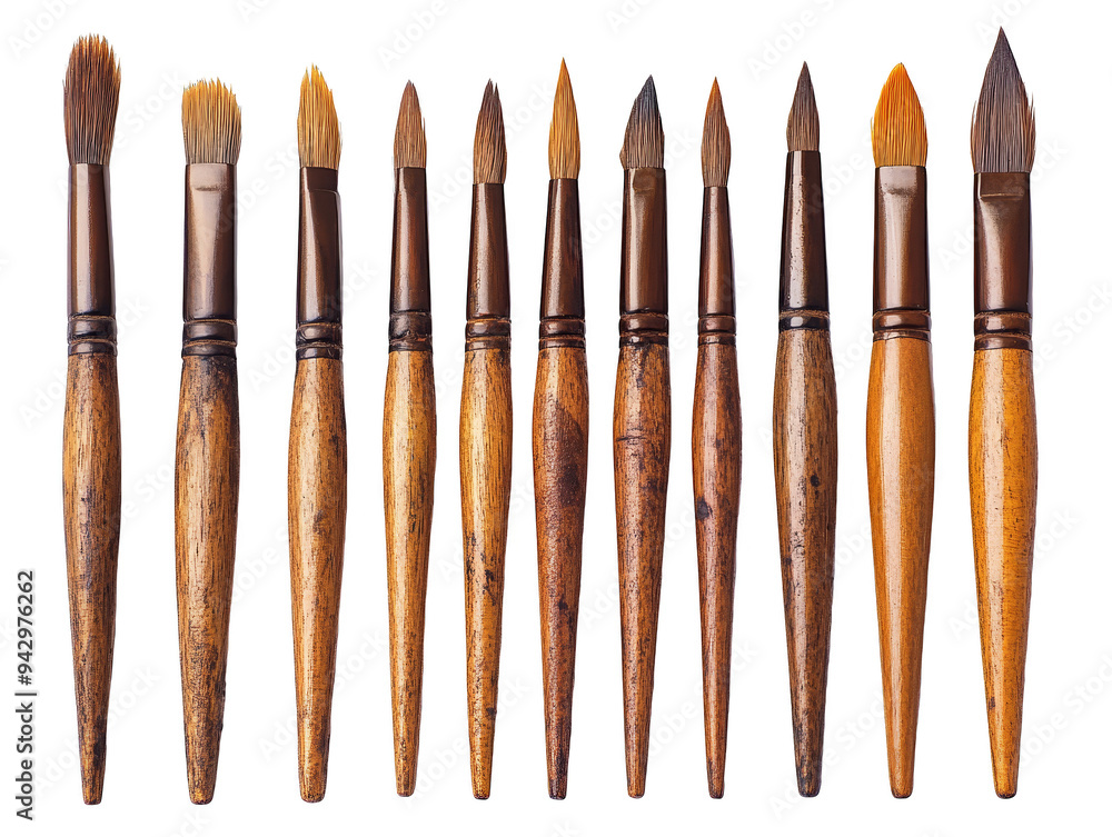Fototapeta premium Set of Vintage Wooden Paint Brushes Isolated on Black