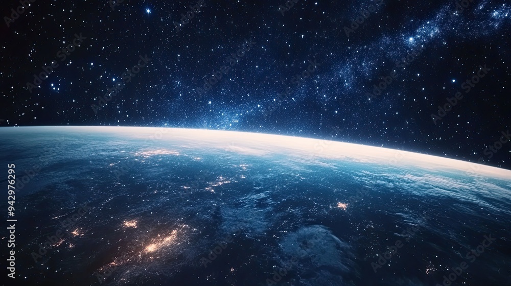 Fototapeta premium A breathtaking scene of Earth beneath a starry sky, the cosmos stretching endlessly beyond, evoking wonder and serenity.