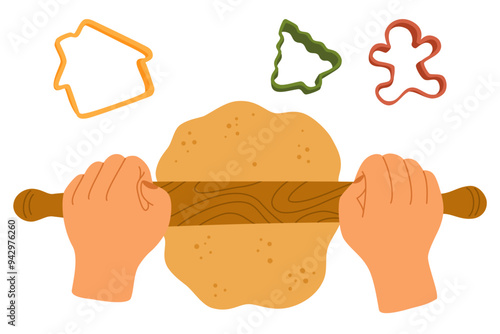 Kneading dough hands. Woman prepares homemade cookies. Cooking school. Flat vector illustration isolated on white background