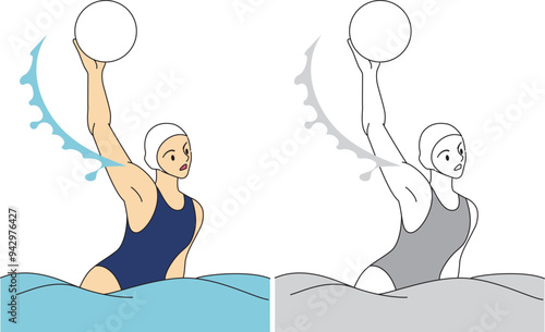 水球をする女性選手のイラストセット