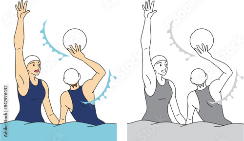 水球をする女性選手のイラストセット