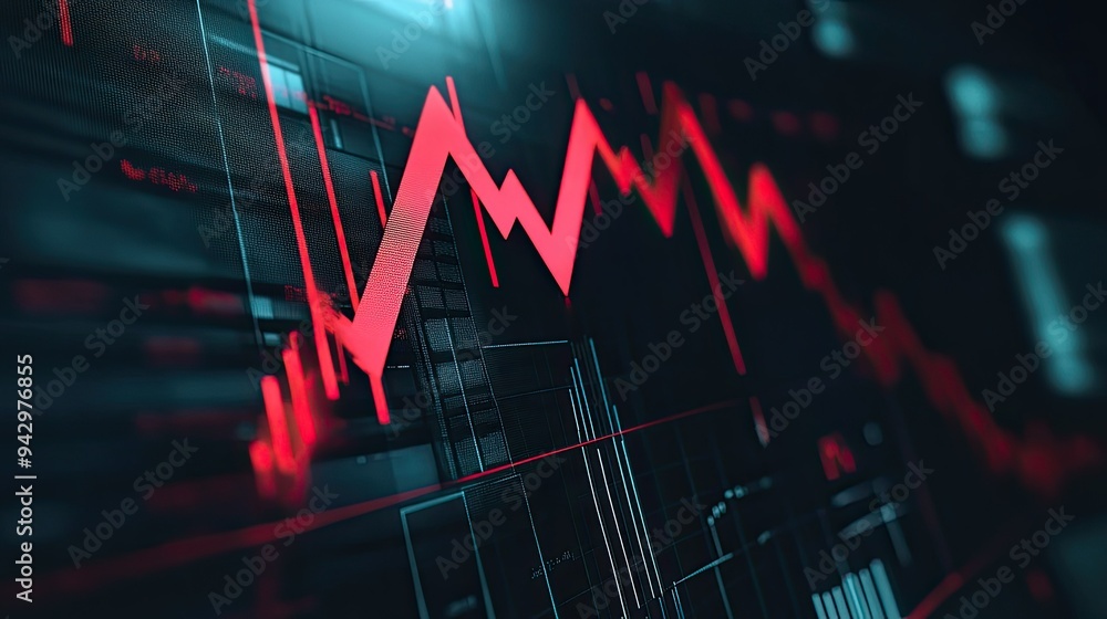 Fototapeta premium A gloomy financial report with a red arrow sharply pointing downwards, signifying market downturns and economic challenges.