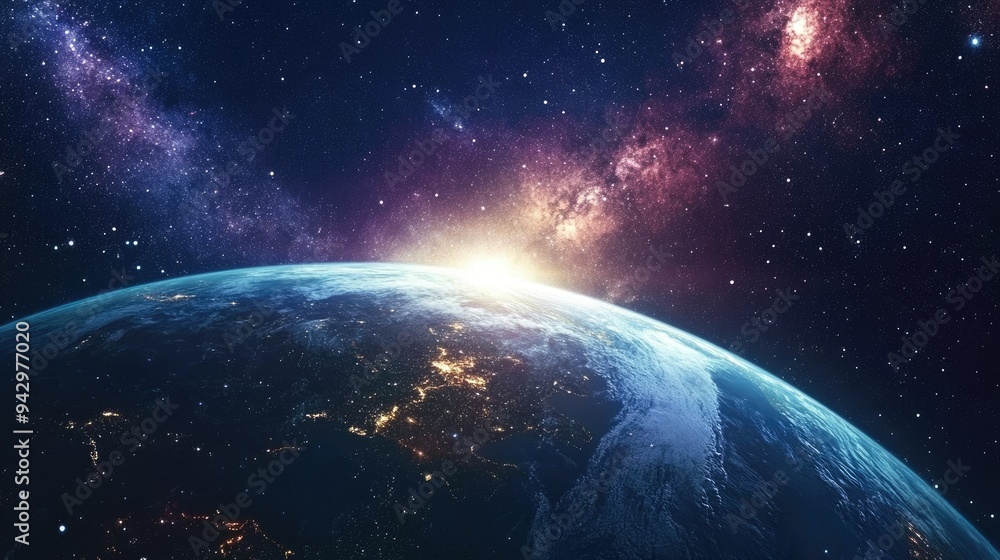 Naklejka premium A mesmerizing view of planet Earth set against a starry sky, the deep blues of space contrasting with the bright continents below.