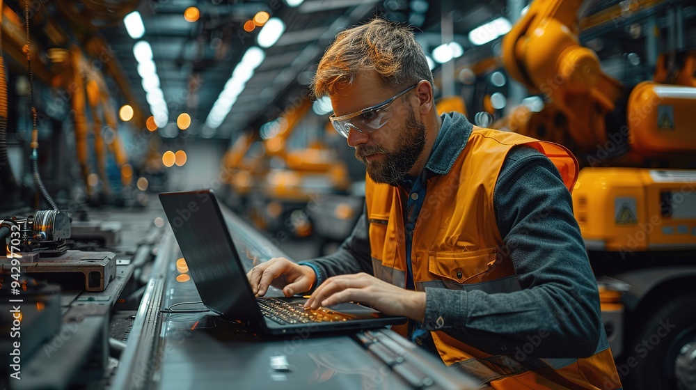 This image captures an engineer wearing glasses and an orange vest, engrossed in work on his laptop within a well-organized factory, symbolizing modern industrial practices. This image captures an engineer wearing glasses and an orange vest, engrossed in work on his laptop within a well-organized factory, symbolizing modern industrial practices.