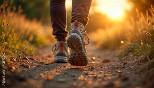 Close-Up of Leather Hiking Boots on Mountain Trail, Adventurous Man Hiking.