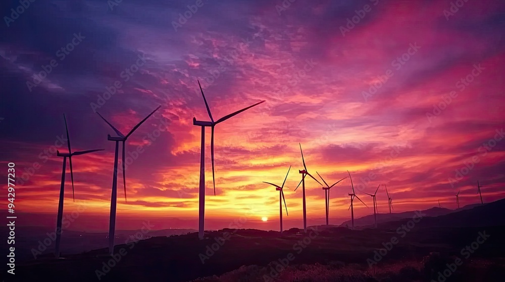 A peaceful scene of wind turbines at sunset, the sky glowing with vibrant colors, representing the harmony of nature and technology. A peaceful scene of wind turbines at sunset, the sky glowing with vibrant colors, representing the harmony of nature and technology.