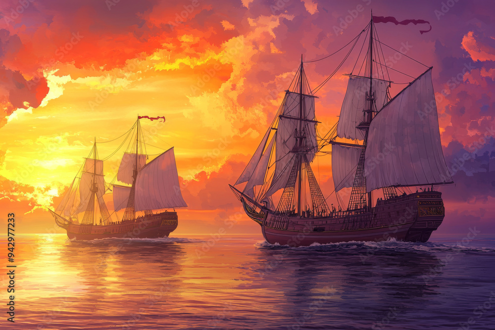 Fototapeta premium Two Tall Ships Sailing on Calm Waters at Sunset