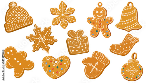 Christmas gingerbread, holiday cookies. Xmas ginger bread, biscuits coated with sugar icing, sweet glaze. Festive traditional bakery, dessert. Flat vector illustration isolated on white background