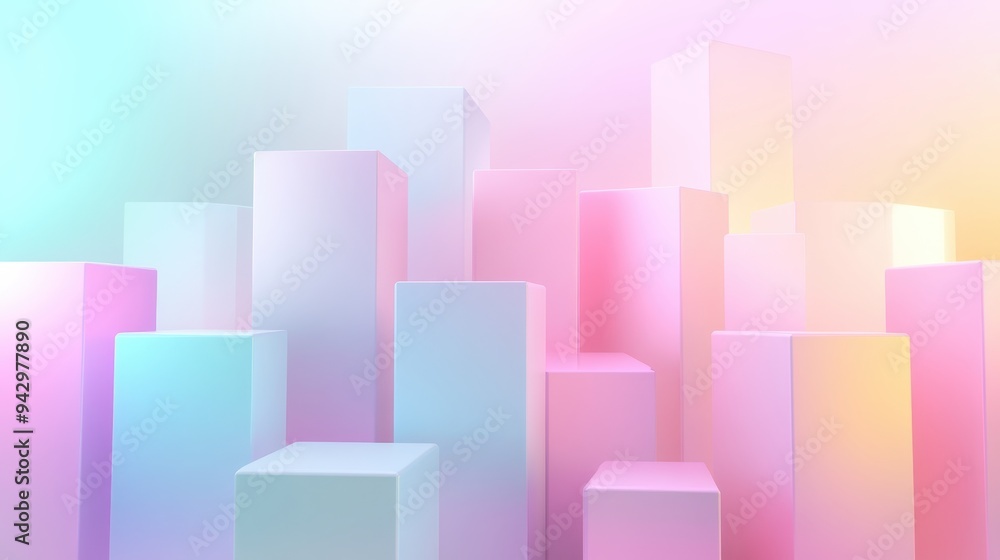 A cityscape of pink cubes with a bright blue sky in the background. The pink cubes are arranged in a way that creates a sense of depth and dimension A cityscape of pink cubes with a bright blue sky in the background. The pink cubes are arranged in a way that creates a sense of depth and dimension