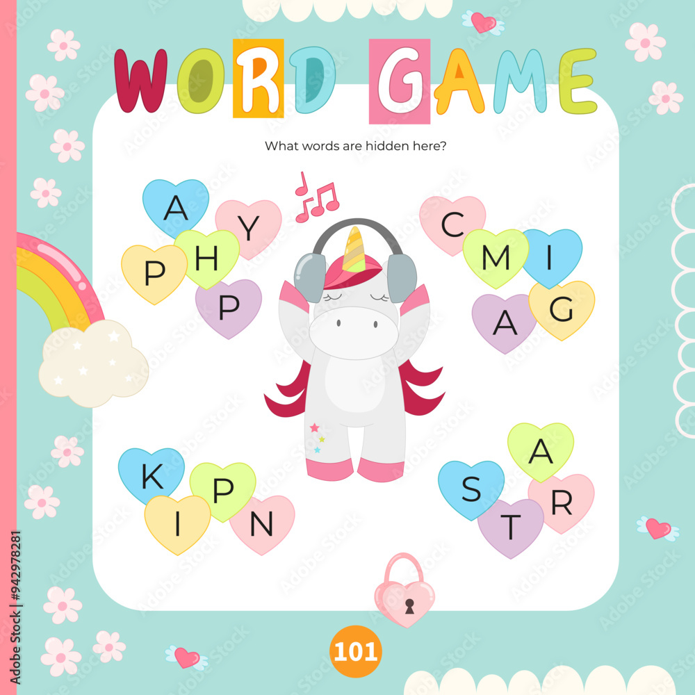 Unicorn activities for kids. Find the hidden words in mixed letters. Logic games for children. Vector illustration. Square page for Activity Book. Game to boost reading skills. Unicorn activities for kids. Find the hidden words in mixed letters. Logic games for children. Vector illustration. Square page for Activity Book. Game to boost reading skills.