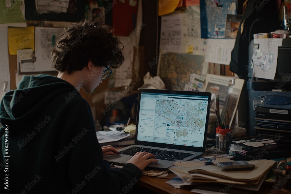 A young person focused on a laptop in a cluttered workspace, analyzing maps and engaging in creative exploration. A young person focused on a laptop in a cluttered workspace, analyzing maps and engaging in creative exploration.