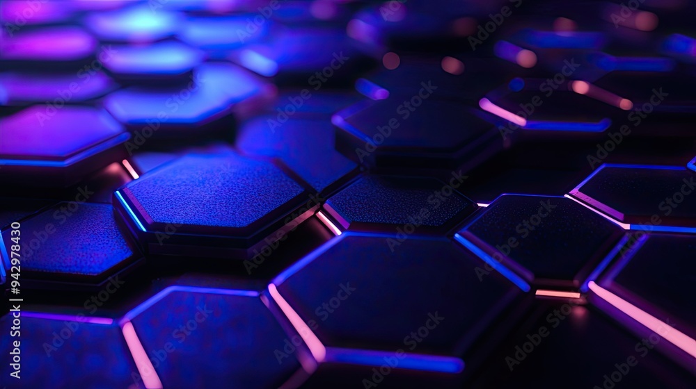 Blue and black hexagon grid with a neon glow, forming a modern and sleek digital background Blue and black hexagon grid with a neon glow, forming a modern and sleek digital background