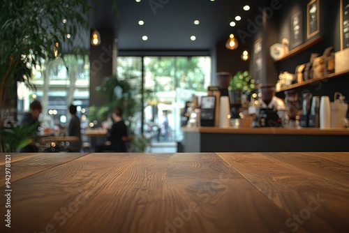 Wooden table with a blurred background of a coffee shop interior and people working in the store.