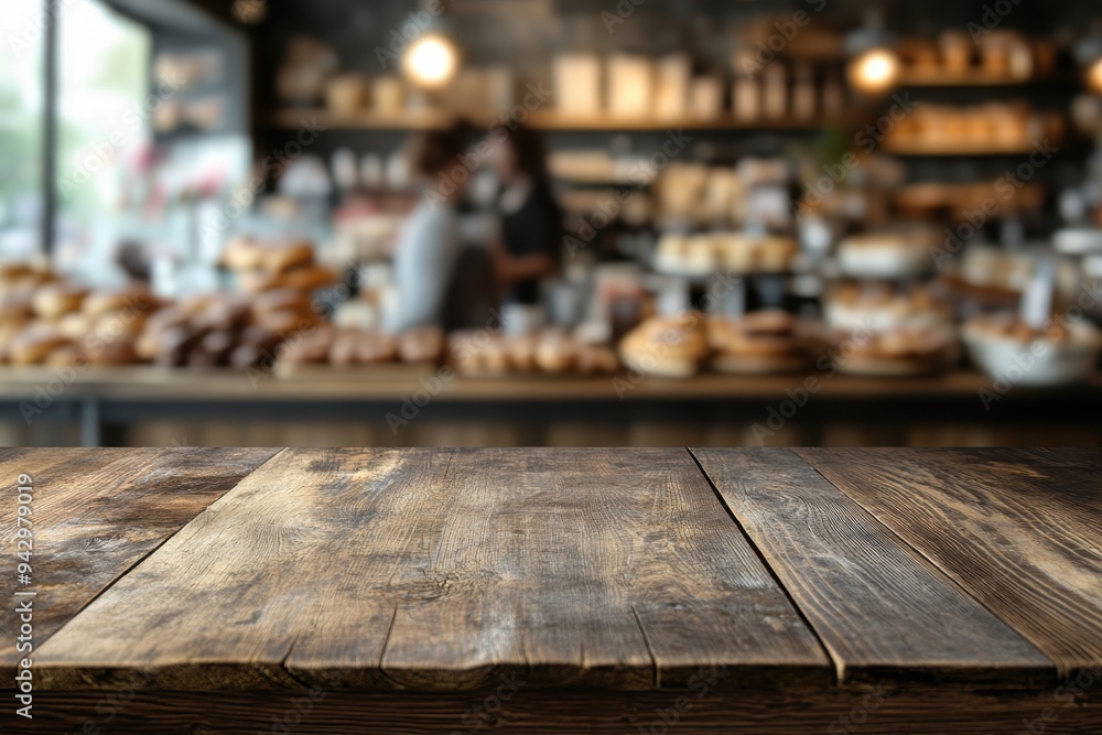 A rustic wooden table in the foreground of a busy bakery, with blurred shelves of fresh pastries and soft lighting in the background.