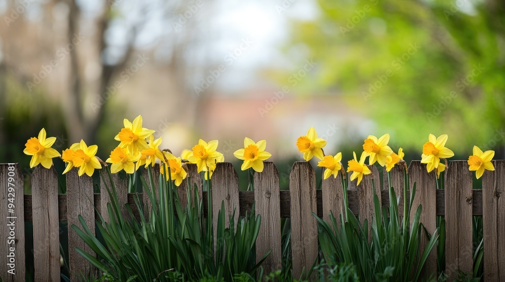 Obraz premium Bright yellow daffodils in a garden plot, fence in the background, ideal for spring-themed designs