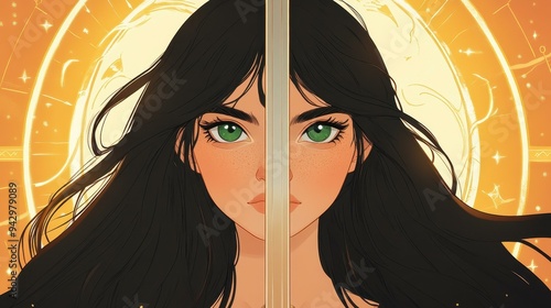 A girl with a dolllike face and emerald sword stands boldly before a radiant golden sun in this vibrant cartoon art. photo