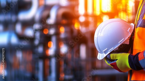 Close-up of a white helmet in an engineer s hand, wearing high-visibility gear and gloves, with gas plant pipes creating a blurred industrial backdrop photo