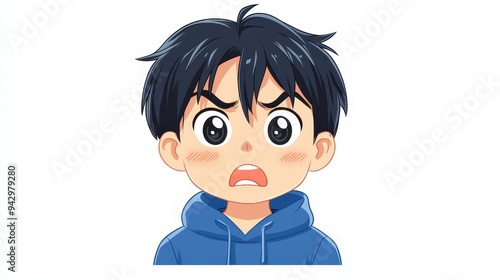 Adorable chibi boy with black hair and eyes, sporting a cozy blue hoodie, perfect for stickers and playful designs.