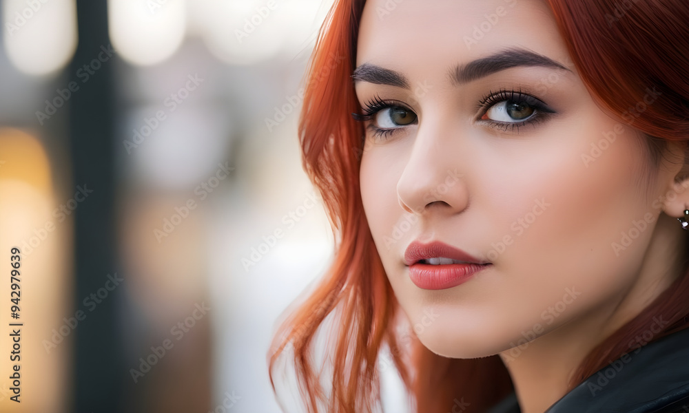 Beautiful redhead woman with green eyes posing outdoors Beautiful redhead woman with green eyes posing outdoors