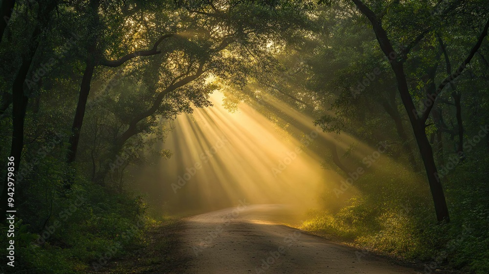 Fototapeta premium Early morning sun rising over a tranquil forest road, with rays of light streaming through foliage