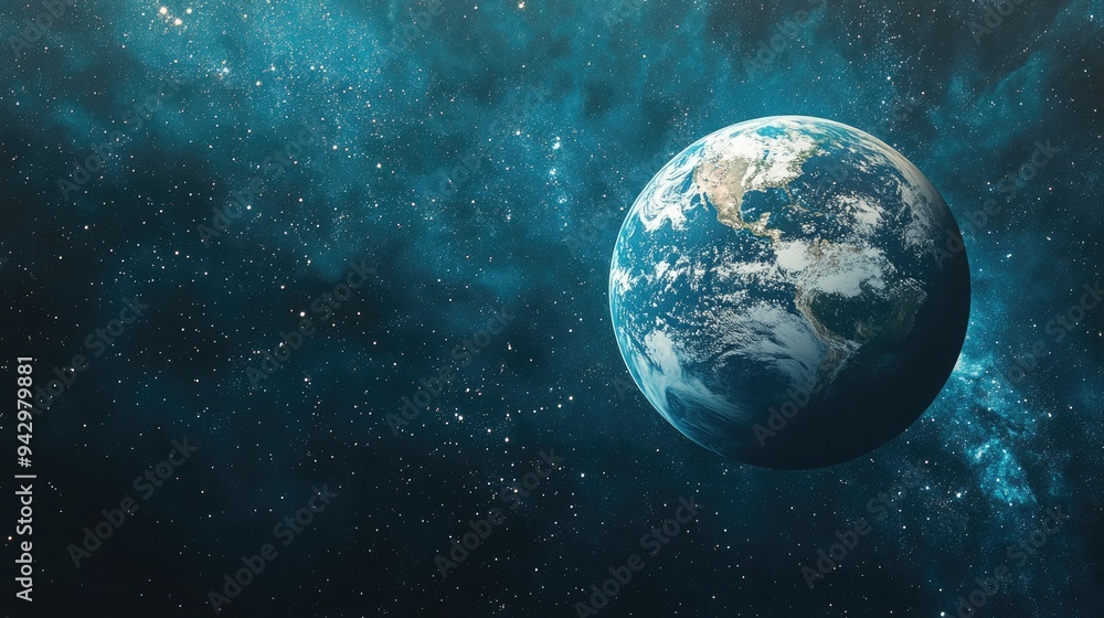 Obraz premium Earth suspended in a star-studded sky, the brilliance of the stars and the rich blues of the oceans creating a stunning cosmic contrast.