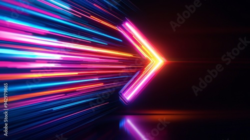 Colorful neon arrow, light trails, rightward direction, jet-black background, sleek futuristic look photo