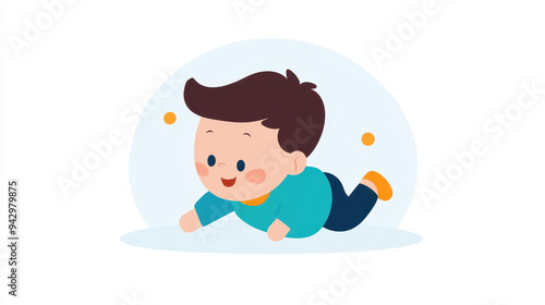 Adorable vector image of an infant girl with dark brown hair, happily crawling in a side view pose.