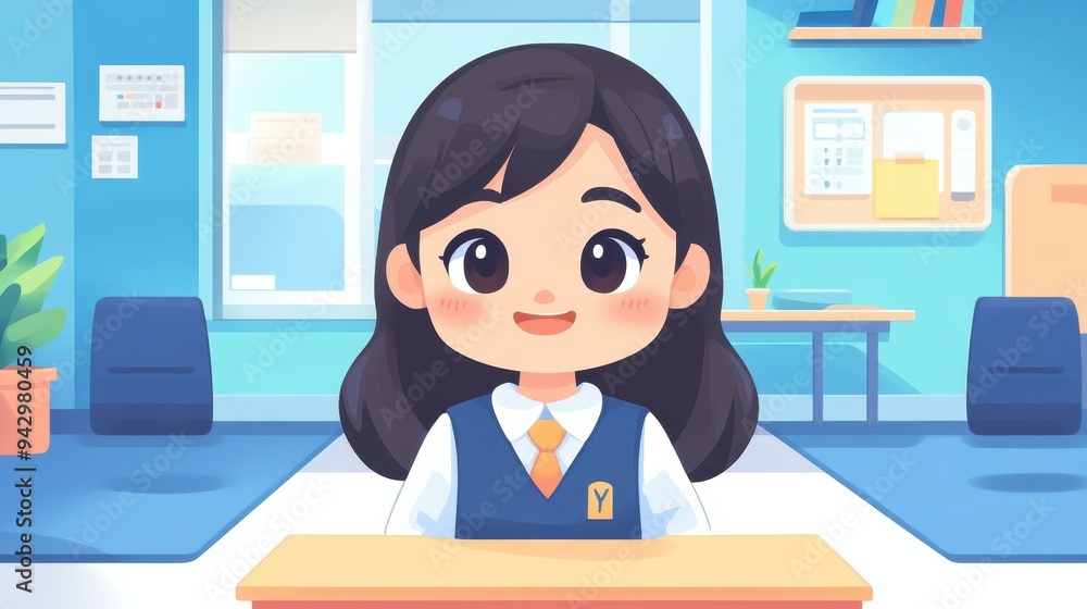 A charming yearold girl in a Thai school uniform, illustrated in Chibi style against a bright classroom backdrop. A charming yearold girl in a Thai school uniform, illustrated in Chibi style against a bright classroom backdrop.