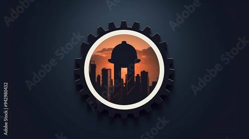 A sleek construction site logo showcasing a skyscraper silhouette and a gear photo