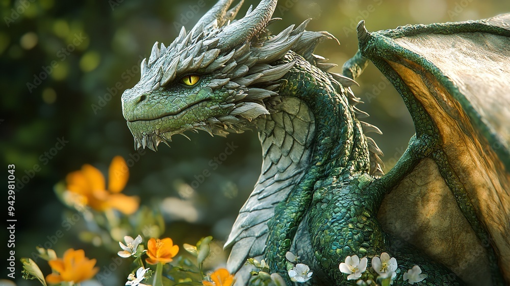 A detailed view of a dragon statue, showcasing intricate scales and fierce expression A detailed view of a dragon statue, showcasing intricate scales and fierce expression