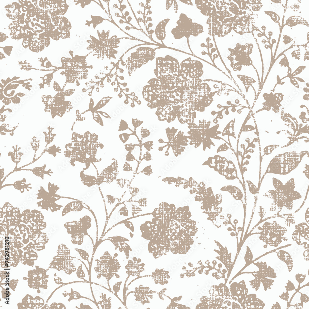 flower print dyed linen texture background. Seamless woven repeat batik pattern swatch. Floral organic distressed block print all over flower print dyed linen texture background. Seamless woven repeat batik pattern swatch. Floral organic distressed block print all over