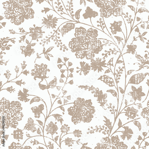 flower print dyed linen texture background. Seamless woven repeat batik pattern swatch. Floral organic distressed block print all over