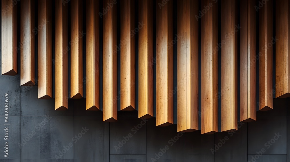 A modern architectural design featuring abstract wooden slats of varying depths on a dark backdrop, emphasizing texture and depth