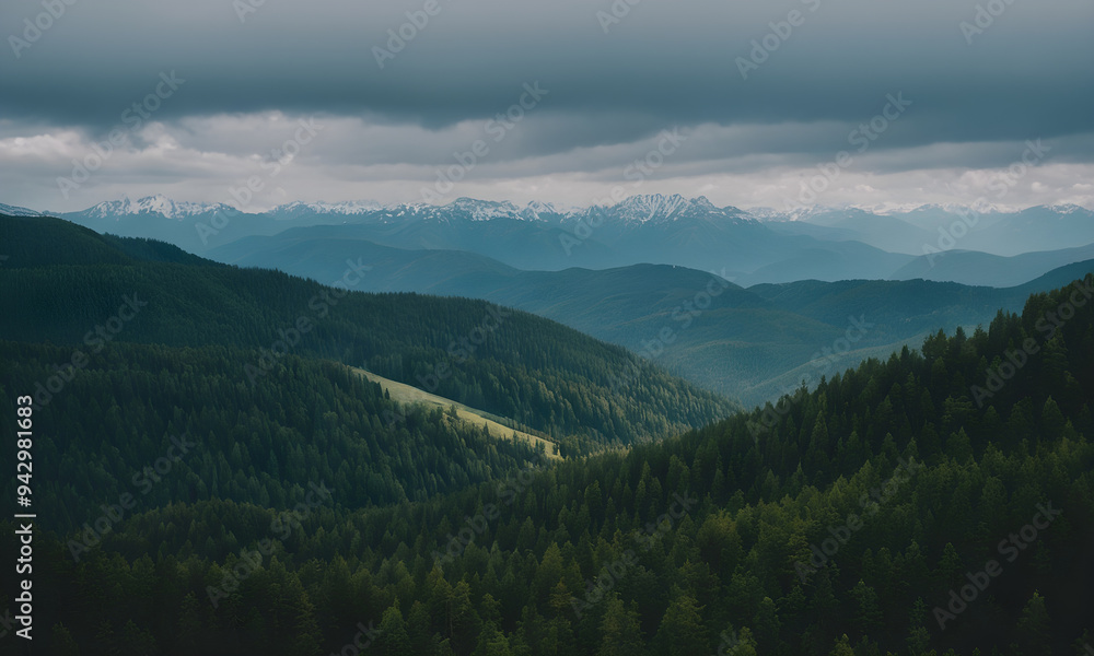 Obraz premium Evergreen forest covering rolling hills leading to snow capped mountains