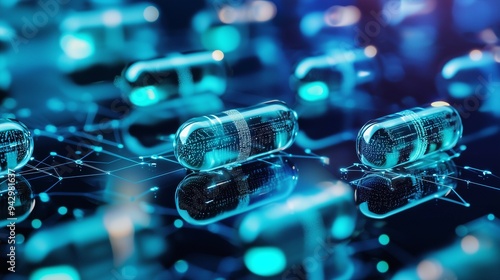 Digital pills on a circuit board symbolizing ai in medicine and drug development. photo