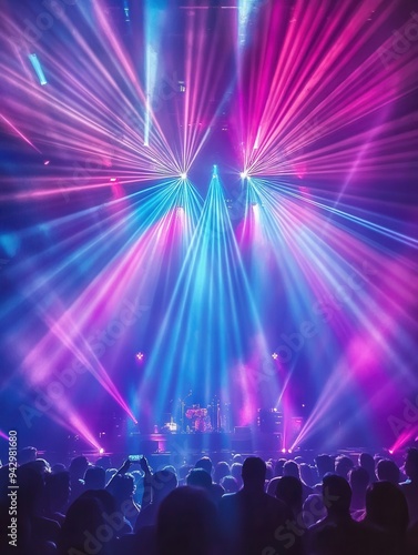 Vibrant stage lighting illuminates a lively concert audience with colorful beams creating a dynamic and electrifying atmosphere.
