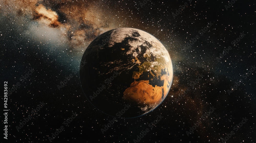 Obraz premium Planet Earth glows under a star-filled sky, the vastness of the universe highlighted by the distant stars surrounding our home planet.