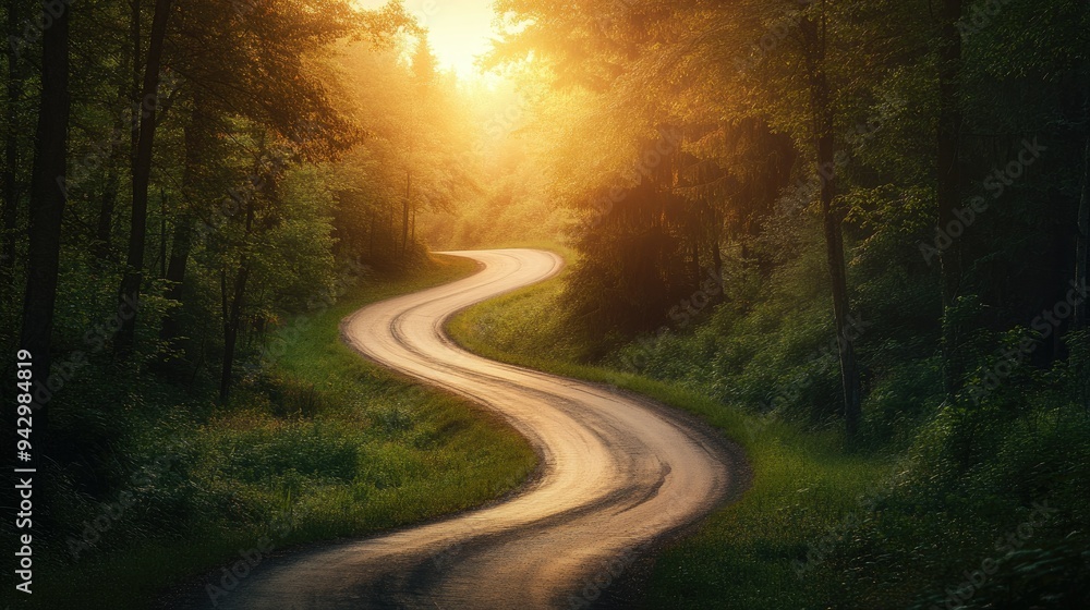 Obraz premium Serene sunrise illuminating a winding road through a dense, green forest, with soft light filtering through trees