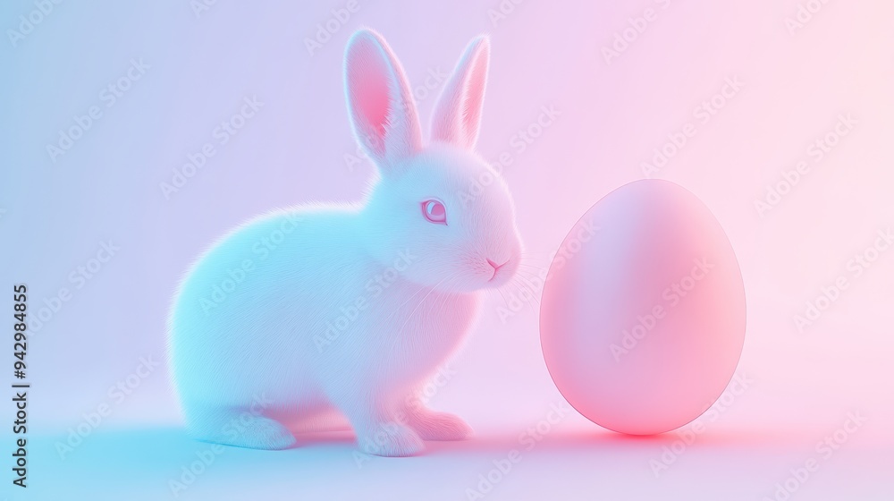 A rabbit is standing next to a pink egg. The scene is simple and peaceful, with the rabbit and egg being the main focus A rabbit is standing next to a pink egg. The scene is simple and peaceful, with the rabbit and egg being the main focus