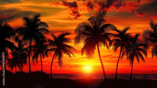 Silhouetted palm trees gently swaying against the vibrant hues of a fiery sunset, capturing the essence of tropical paradise.