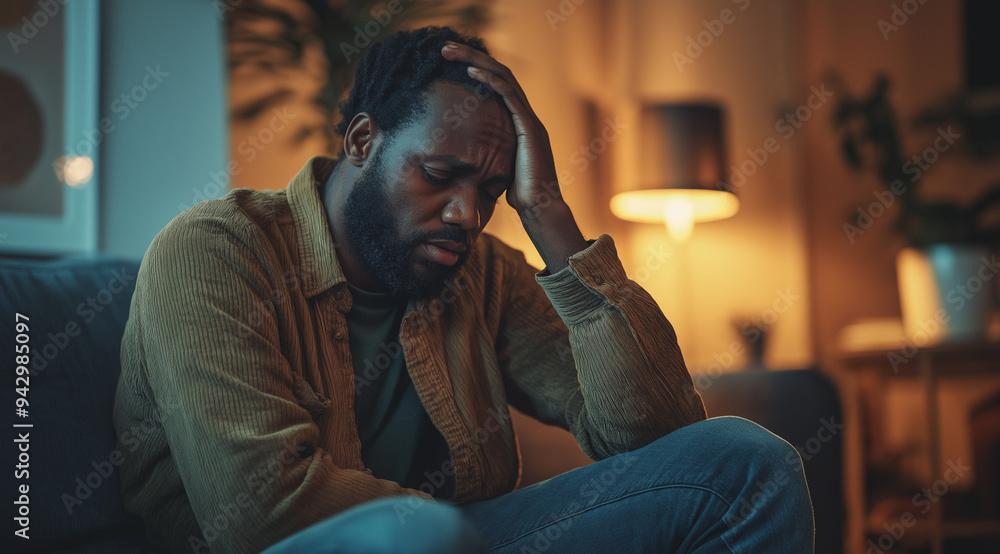 A man sitting on the couch with his head in hands, looking distressed and emotional, showing signs of anxiety or depression. The concept of emotional pain and suffering due to life events. A man sitting on the couch with his head in hands, looking distressed and emotional, showing signs of anxiety or depression. The concept of emotional pain and suffering due to life events.