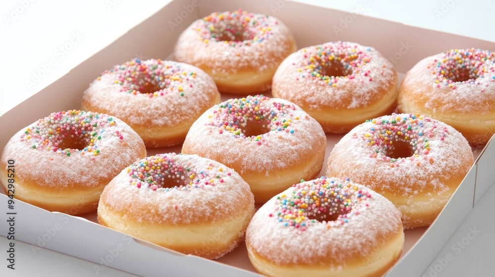 A box of doughnuts, dusted with icing sugar and decorated with sprinkles, ready to satisfy any sweet tooth. A box of doughnuts, dusted with icing sugar and decorated with sprinkles, ready to satisfy any sweet tooth.