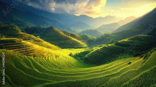 A breathtaking landscape of terraced rice fields at Mu Cang Chai, Vietnam, stretching across the mountainside