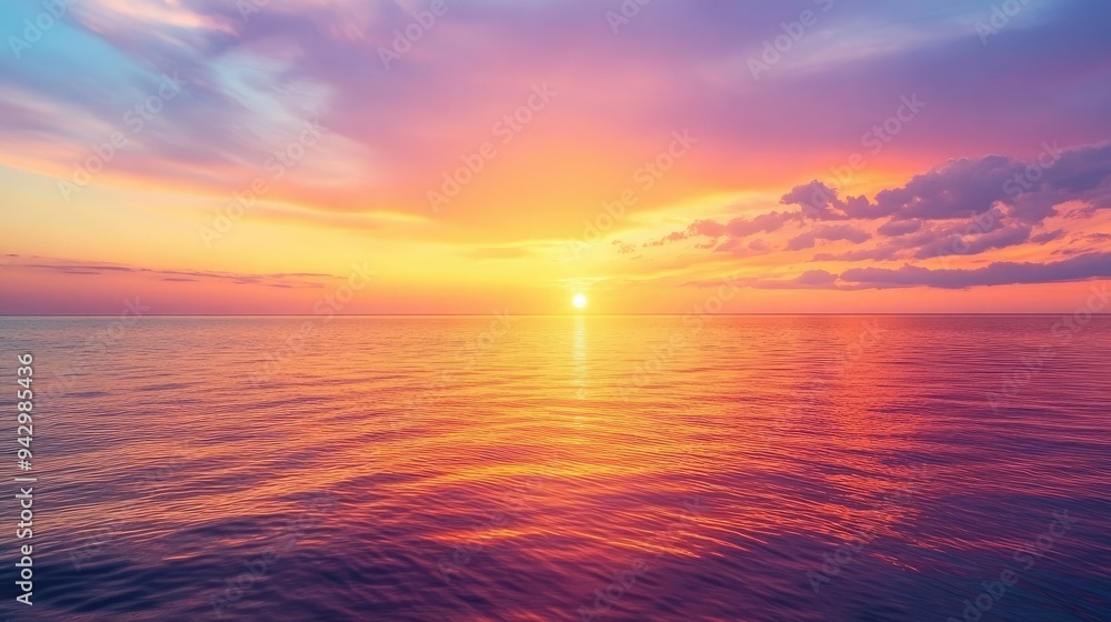 Obraz premium Stunning sunset painting the sky with hues of orange, pink, and purple over a calm horizon