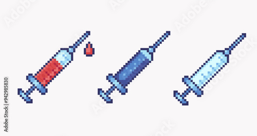 Empty, full syringe pixel art set. Vaccine, lab test equipment collection. Medical treatment 8 bit. Game development, mobile app. Isolated vector illustration. 