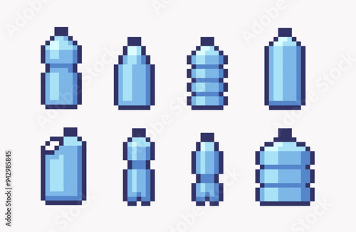 Water bottles pixel art set. Blue plastic aqua containers collection. Beverage can 8 bit. Game development, mobile app. Isolated vector illustration. 