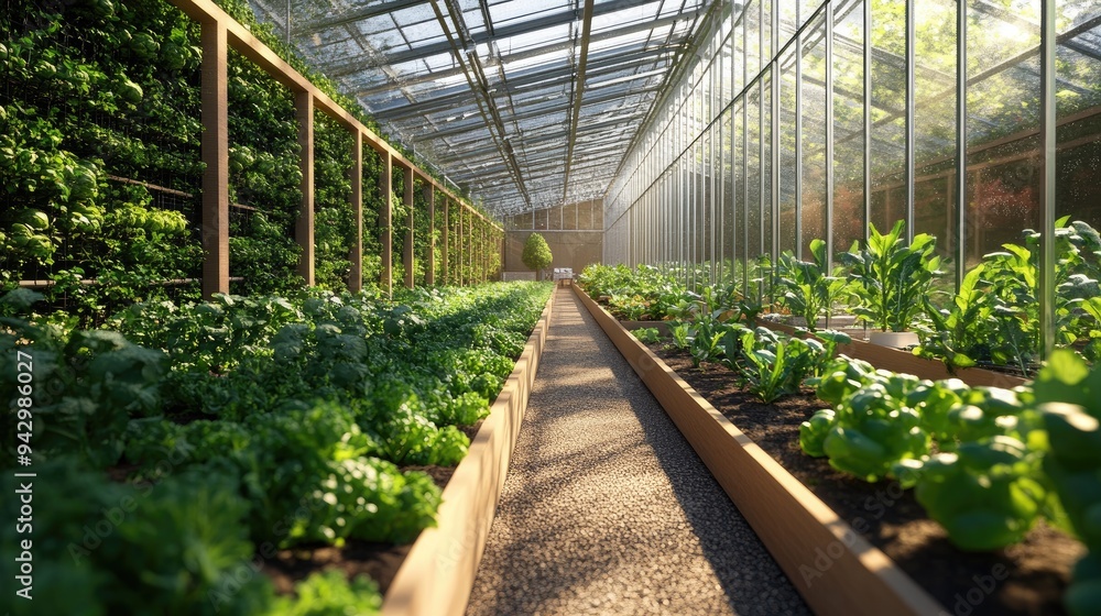 Fototapeta premium A contemporary greenhouse filled with fresh produce, emphasizing sustainable agriculture and responsible food production.