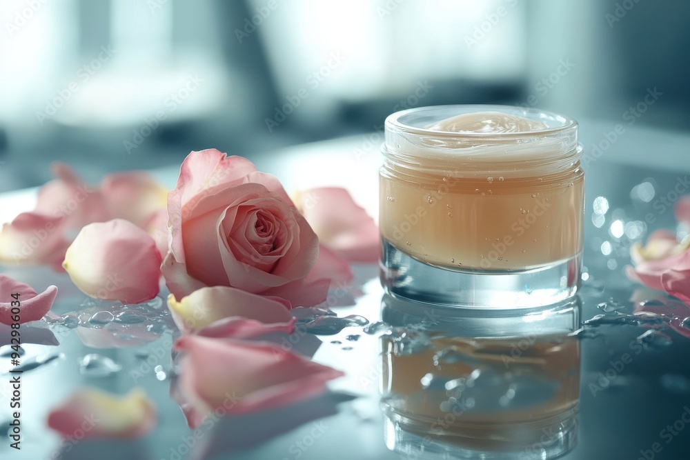 Face moisturizer jar with pink rose petals on reflective surface for delicate care Face moisturizer jar with pink rose petals on reflective surface for delicate care